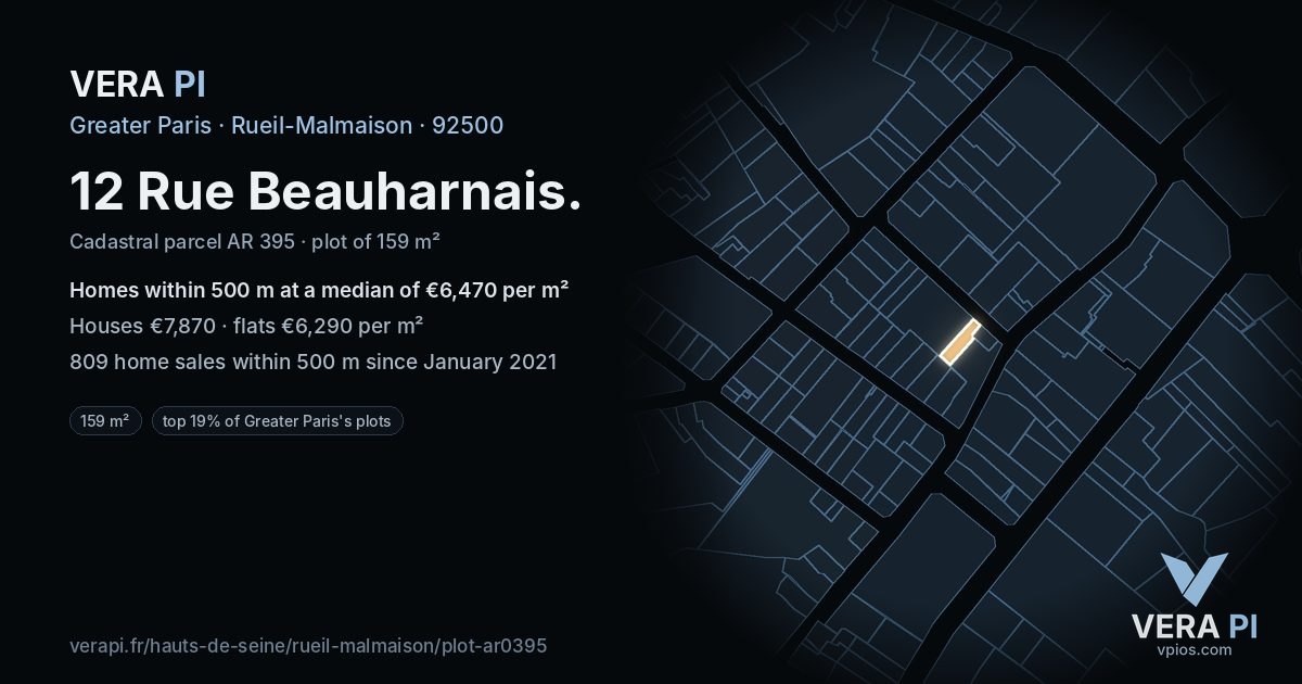 12 Rue Beauharnais, Rueil-Malmaison at night – the plot lit, the parcels around coloured by the prices near them