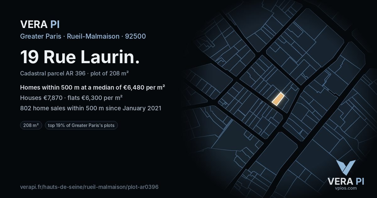 19 Rue Laurin, Rueil-Malmaison at night – the plot lit, the parcels around coloured by the prices near them