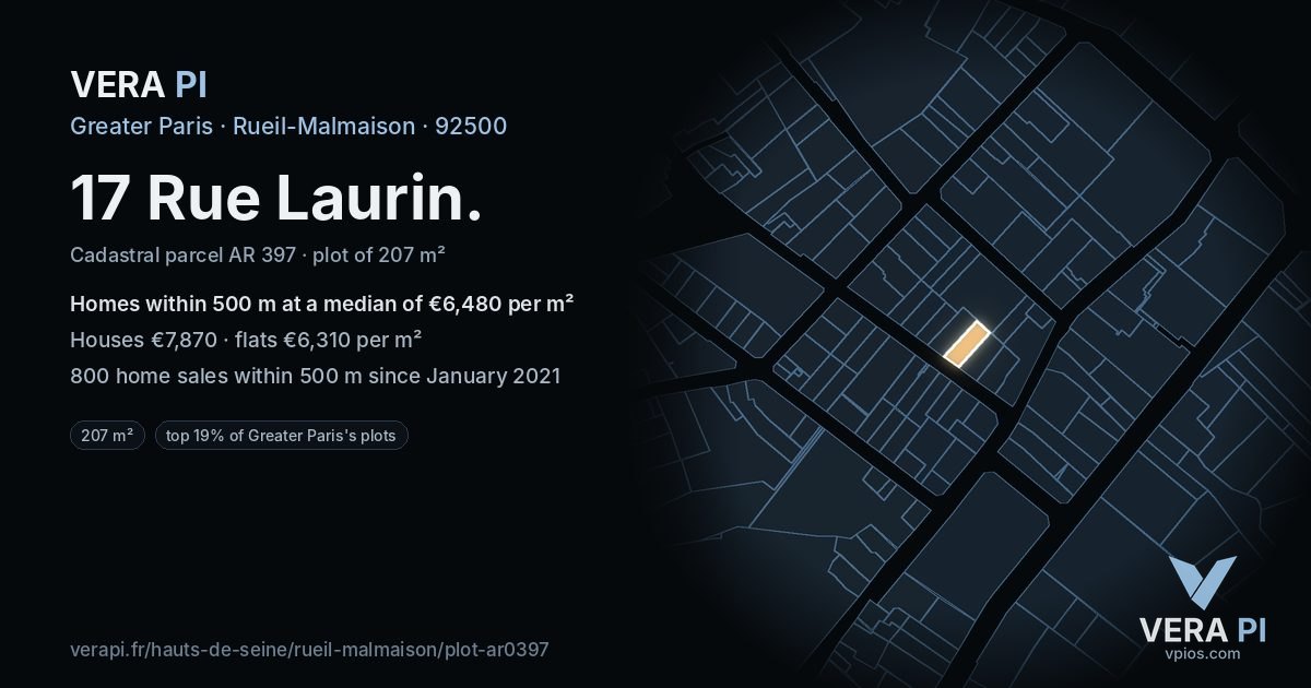 17 Rue Laurin, Rueil-Malmaison at night – the plot lit, the parcels around coloured by the prices near them