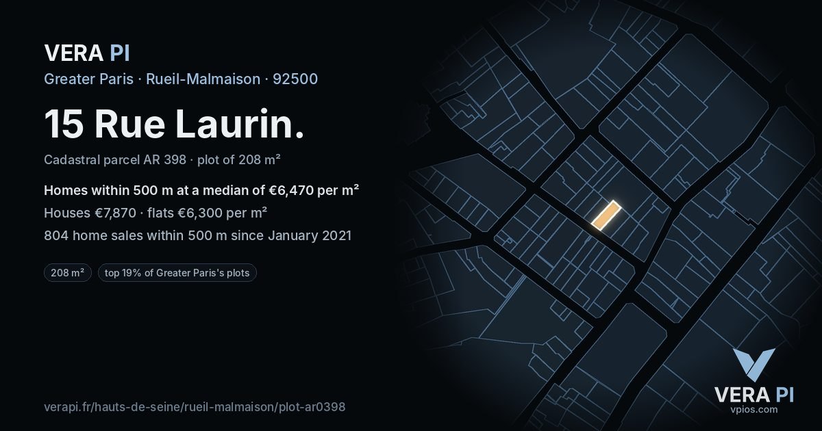15 Rue Laurin, Rueil-Malmaison at night – the plot lit, the parcels around coloured by the prices near them