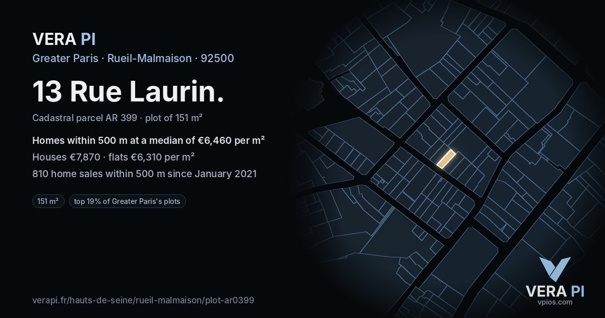 13 Rue Laurin, Rueil-Malmaison at night – the plot lit, the parcels around coloured by the prices near them