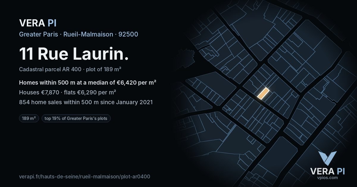 11 Rue Laurin, Rueil-Malmaison at night – the plot lit, the parcels around coloured by the prices near them
