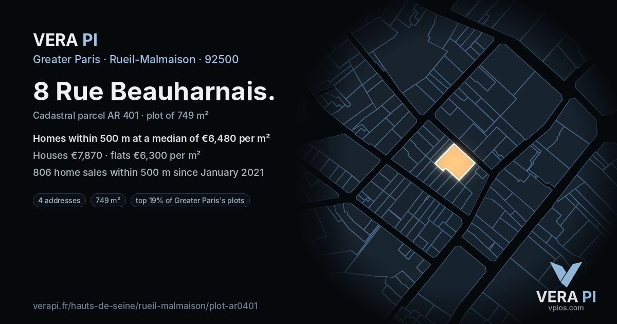 8 Rue Beauharnais, Rueil-Malmaison at night – the plot lit, the parcels around coloured by the prices near them