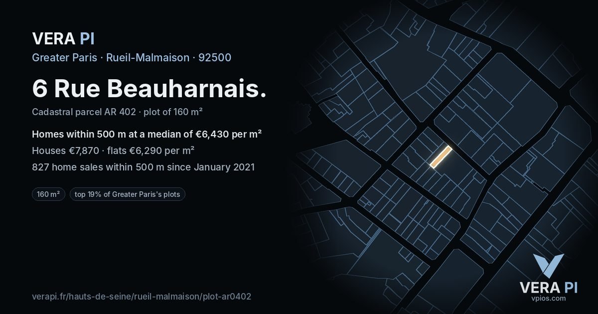 6 Rue Beauharnais, Rueil-Malmaison at night – the plot lit, the parcels around coloured by the prices near them