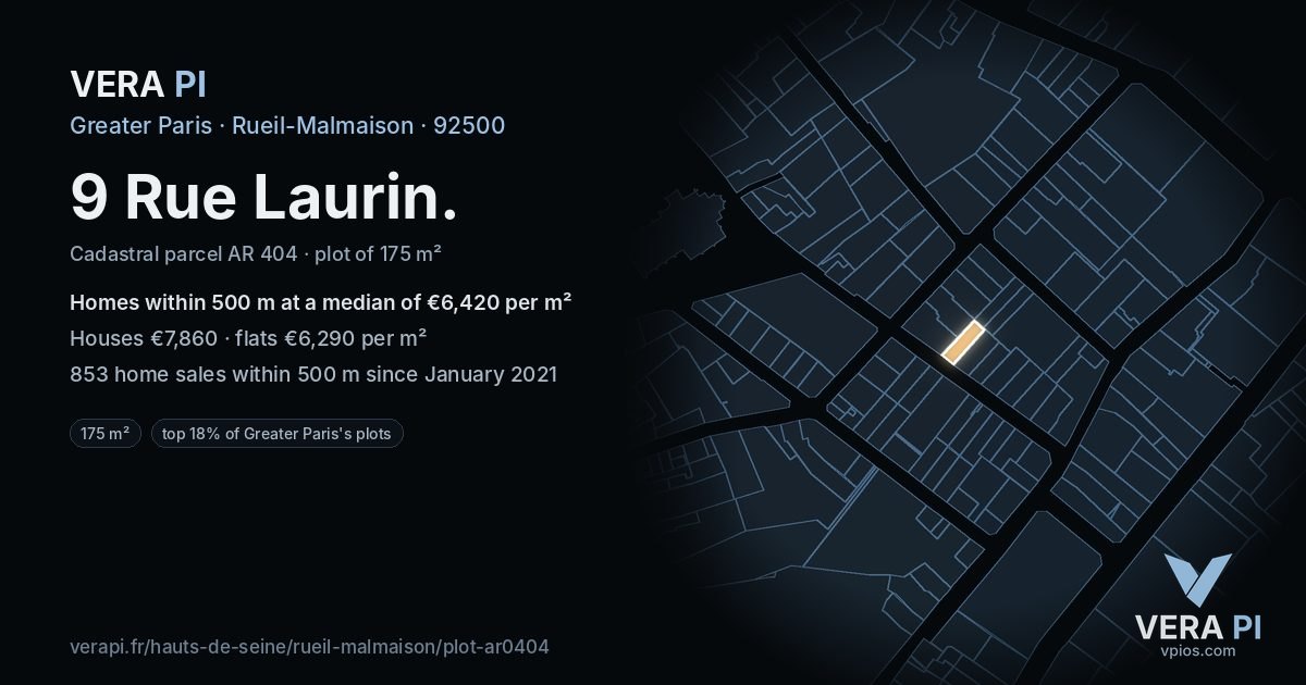 9 Rue Laurin, Rueil-Malmaison at night – the plot lit, the parcels around coloured by the prices near them