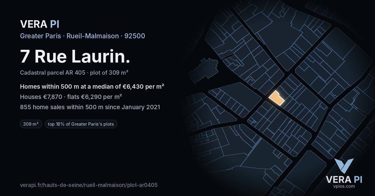 7 Rue Laurin, Rueil-Malmaison at night – the plot lit, the parcels around coloured by the prices near them