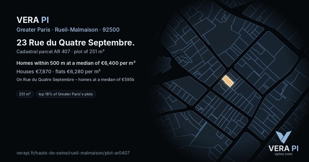 23 Rue du Quatre Septembre, Rueil-Malmaison at night – the plot lit, the parcels around coloured by the prices near them
