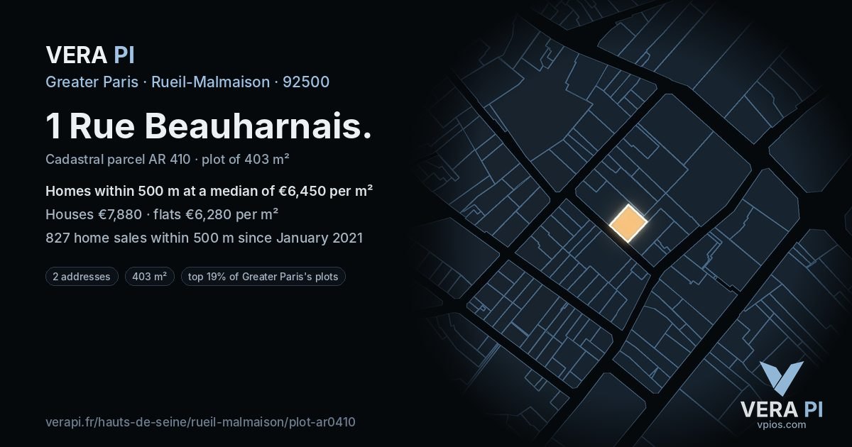 1 Rue Beauharnais, Rueil-Malmaison at night – the plot lit, the parcels around coloured by the prices near them
