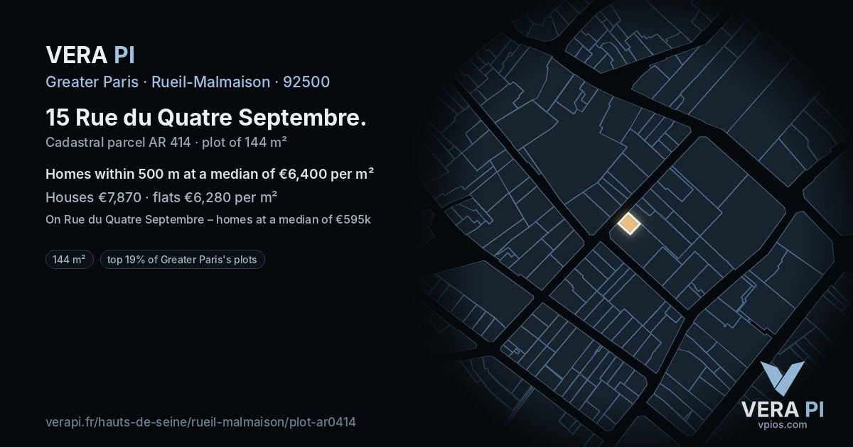 15 Rue du Quatre Septembre, Rueil-Malmaison at night – the plot lit, the parcels around coloured by the prices near them