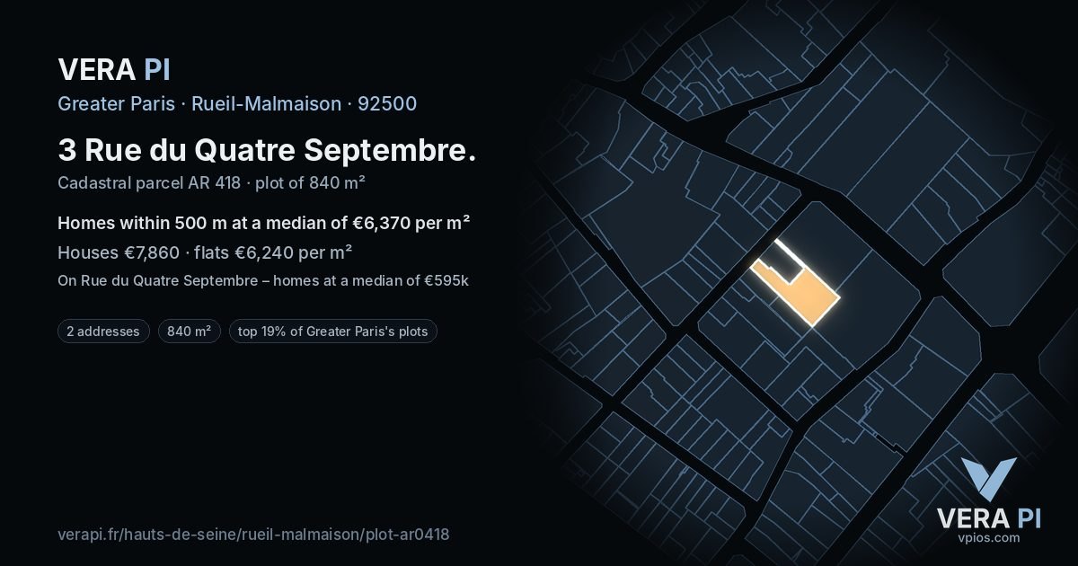 3 Rue du Quatre Septembre, Rueil-Malmaison at night – the plot lit, the parcels around coloured by the prices near them