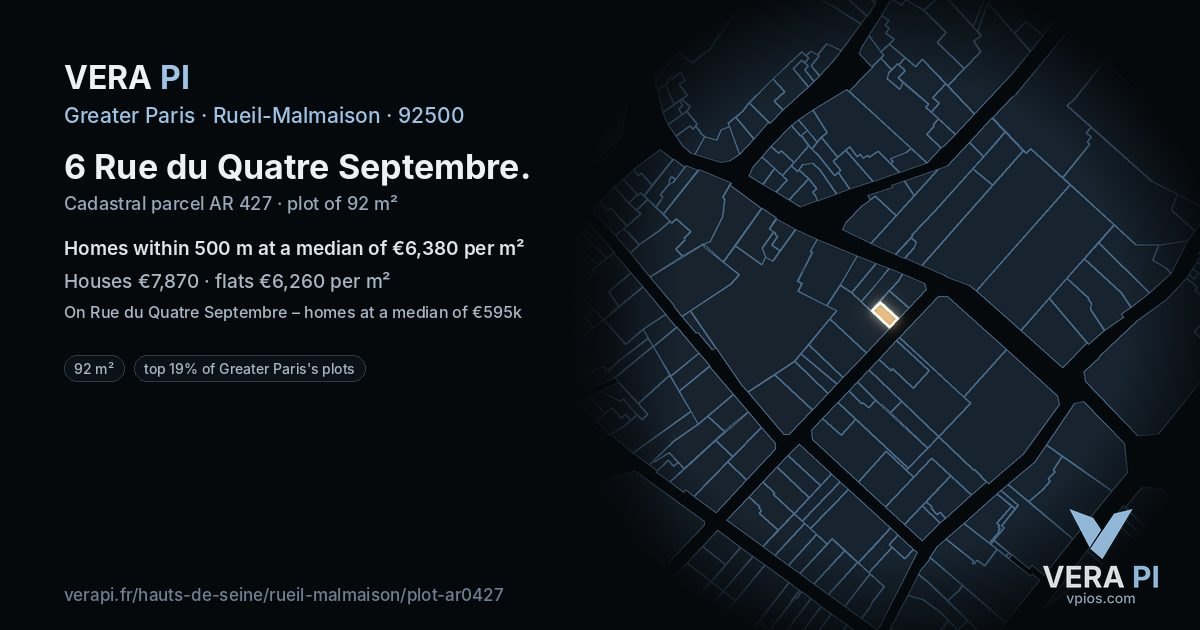 6 Rue du Quatre Septembre, Rueil-Malmaison at night – the plot lit, the parcels around coloured by the prices near them