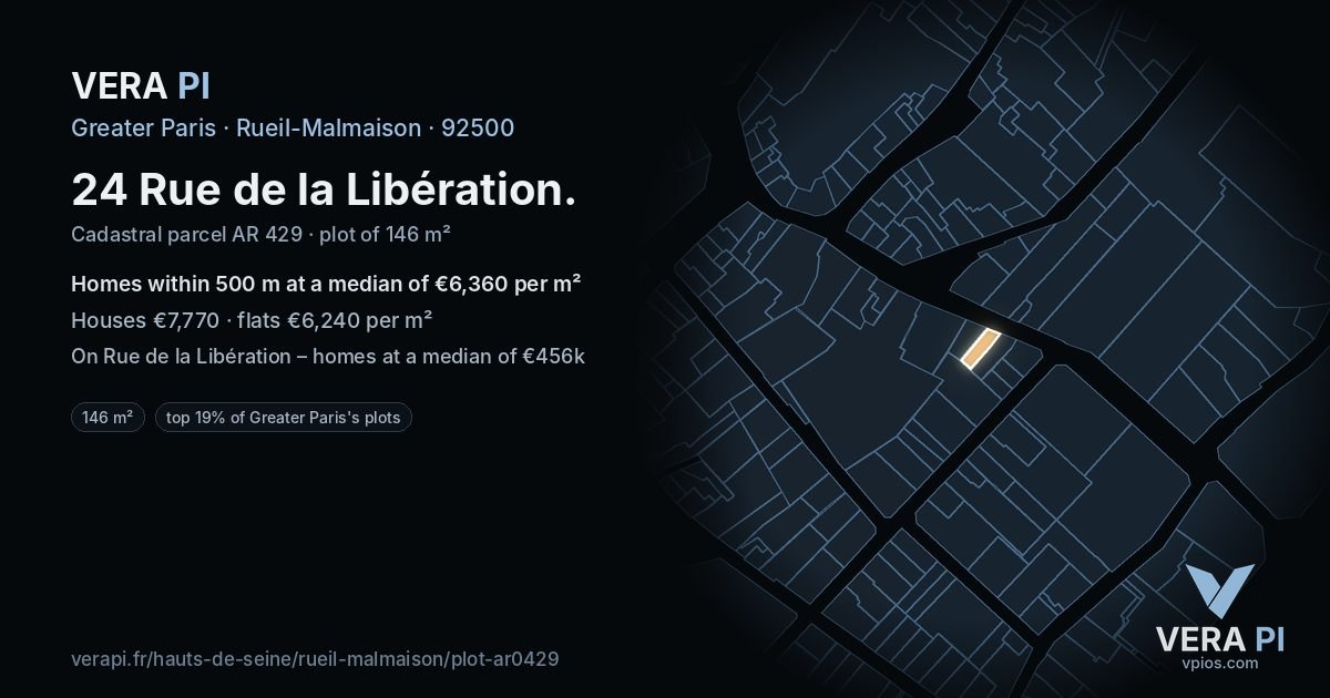 24 Rue de la Libération, Rueil-Malmaison at night – the plot lit, the parcels around coloured by the prices near them