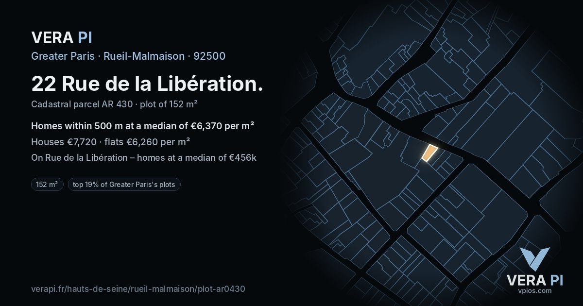 22 Rue de la Libération, Rueil-Malmaison at night – the plot lit, the parcels around coloured by the prices near them
