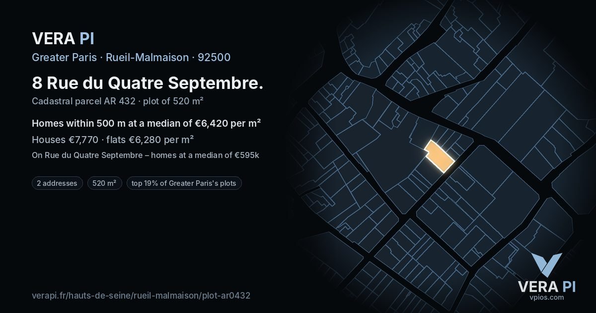 8 Rue du Quatre Septembre, Rueil-Malmaison at night – the plot lit, the parcels around coloured by the prices near them