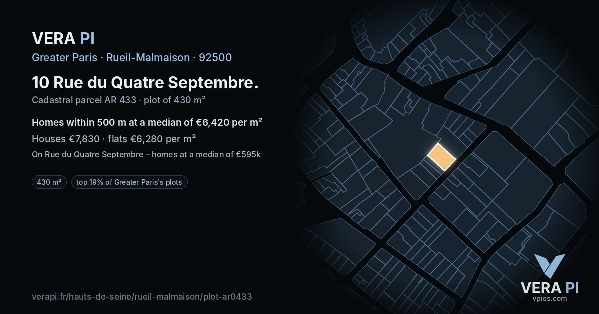 10 Rue du Quatre Septembre, Rueil-Malmaison at night – the plot lit, the parcels around coloured by the prices near them