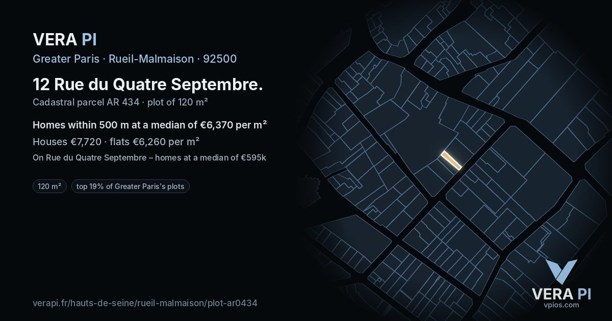 12 Rue du Quatre Septembre, Rueil-Malmaison at night – the plot lit, the parcels around coloured by the prices near them
