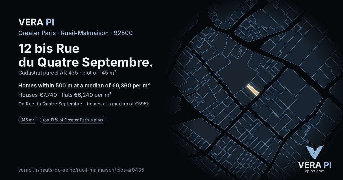 12 bis Rue du Quatre Septembre, Rueil-Malmaison at night – the plot lit, the parcels around coloured by the prices near them