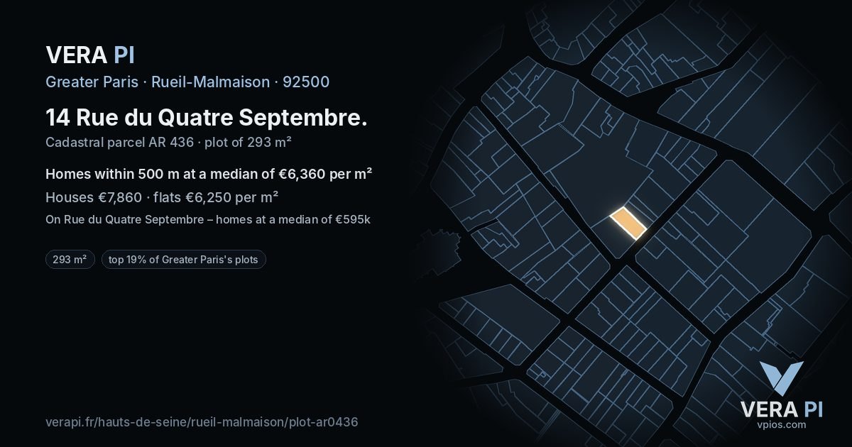 14 Rue du Quatre Septembre, Rueil-Malmaison at night – the plot lit, the parcels around coloured by the prices near them