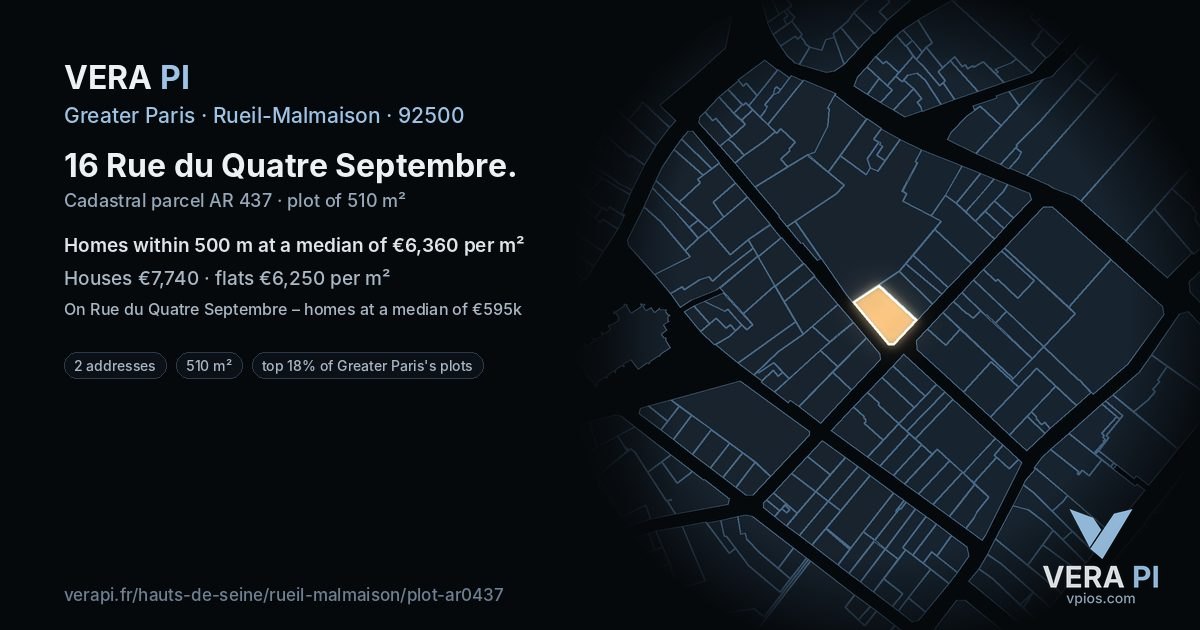 16 Rue du Quatre Septembre, Rueil-Malmaison at night – the plot lit, the parcels around coloured by the prices near them