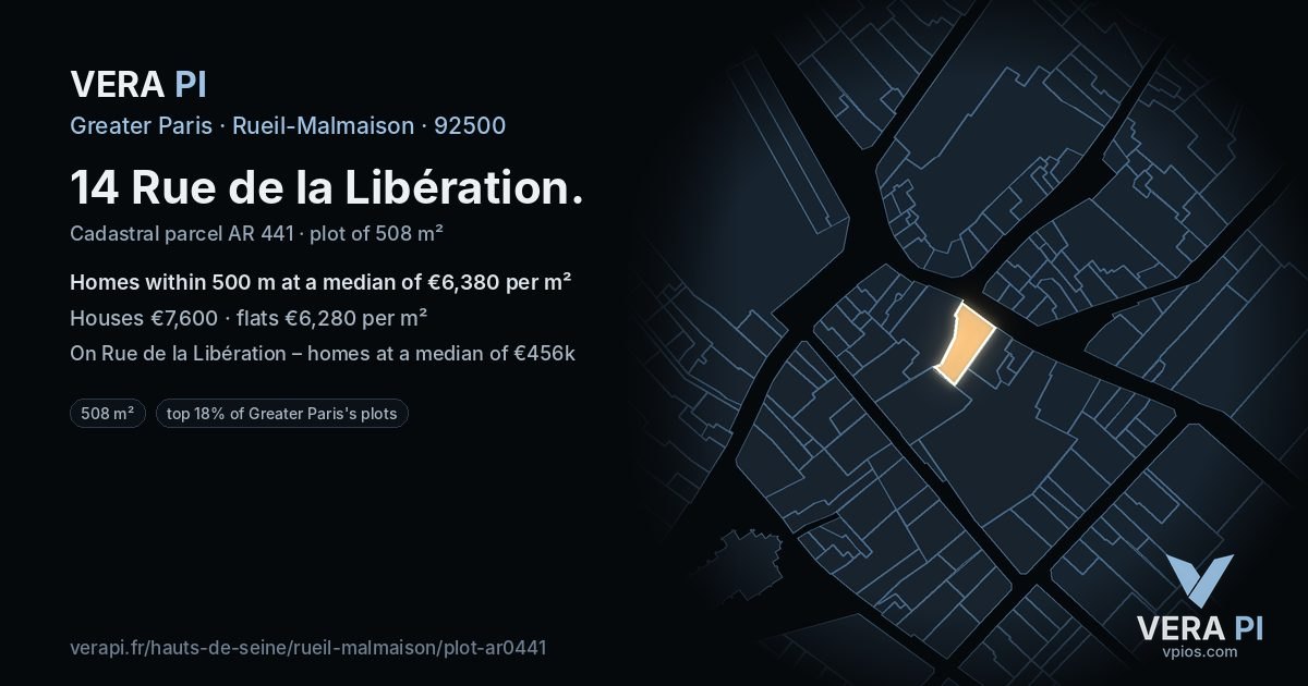 14 Rue de la Libération, Rueil-Malmaison at night – the plot lit, the parcels around coloured by the prices near them