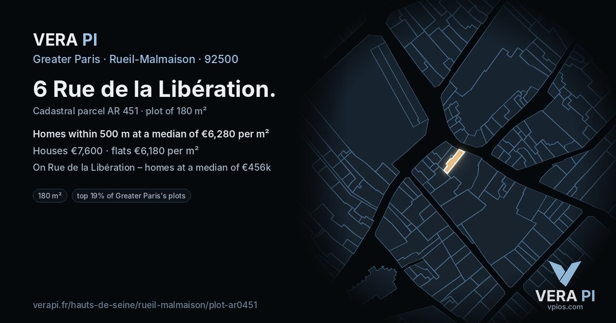 6 Rue de la Libération, Rueil-Malmaison at night – the plot lit, the parcels around coloured by the prices near them