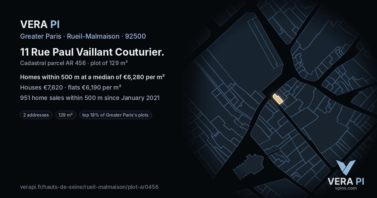 11 Rue Paul Vaillant Couturier, Rueil-Malmaison at night – the plot lit, the parcels around coloured by the prices near them