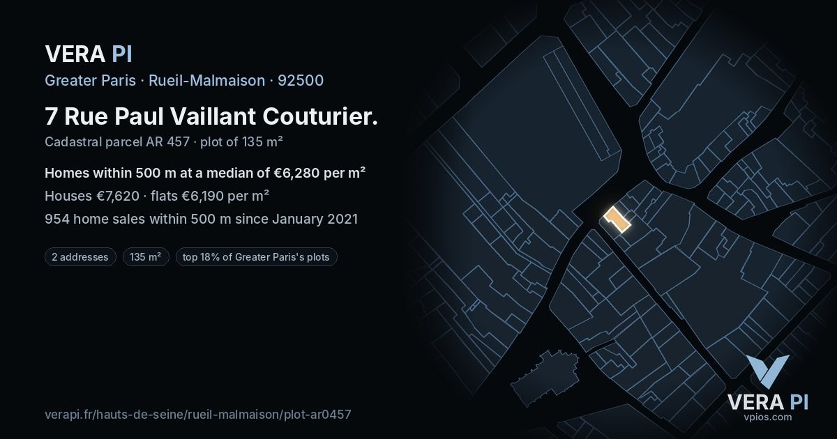 7 Rue Paul Vaillant Couturier, Rueil-Malmaison at night – the plot lit, the parcels around coloured by the prices near them