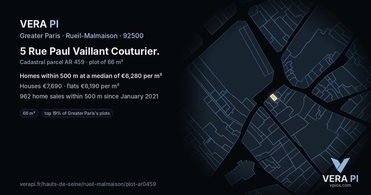 5 Rue Paul Vaillant Couturier, Rueil-Malmaison at night – the plot lit, the parcels around coloured by the prices near them