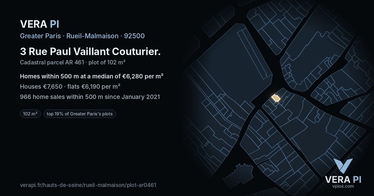 3 Rue Paul Vaillant Couturier, Rueil-Malmaison at night – the plot lit, the parcels around coloured by the prices near them