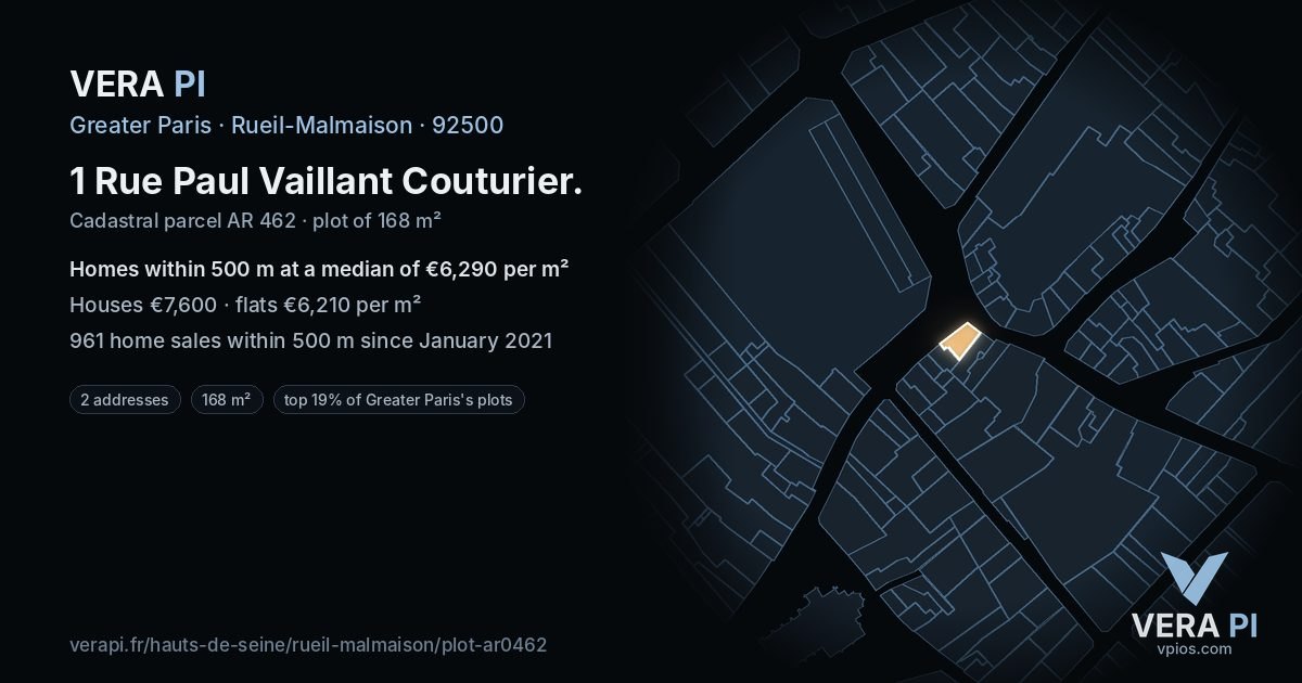 1 Rue Paul Vaillant Couturier, Rueil-Malmaison at night – the plot lit, the parcels around coloured by the prices near them