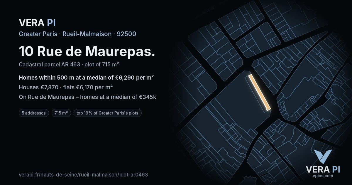 10 Rue de Maurepas, Rueil-Malmaison at night – the plot lit, the parcels around coloured by the prices near them