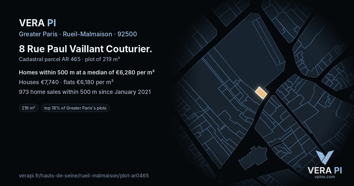 8 Rue Paul Vaillant Couturier, Rueil-Malmaison at night – the plot lit, the parcels around coloured by the prices near them