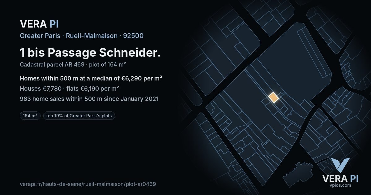 1 bis Passage Schneider, Rueil-Malmaison at night – the plot lit, the parcels around coloured by the prices near them