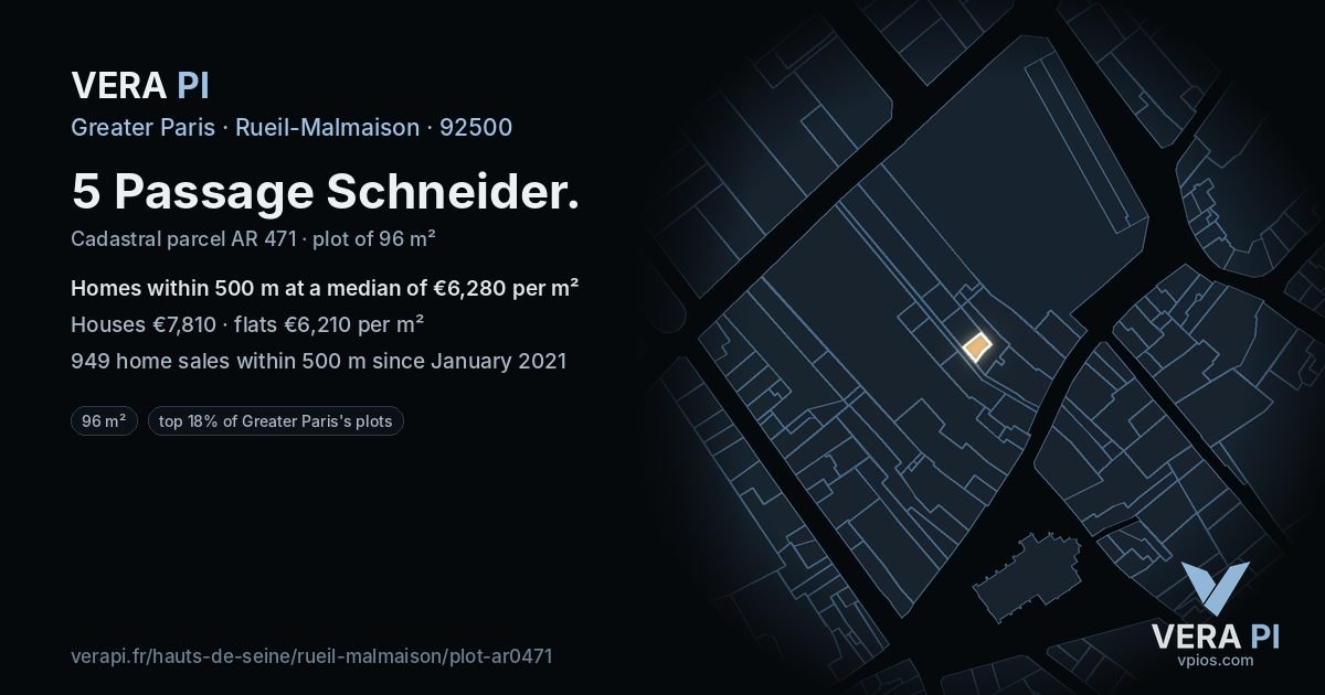 5 Passage Schneider, Rueil-Malmaison at night – the plot lit, the parcels around coloured by the prices near them