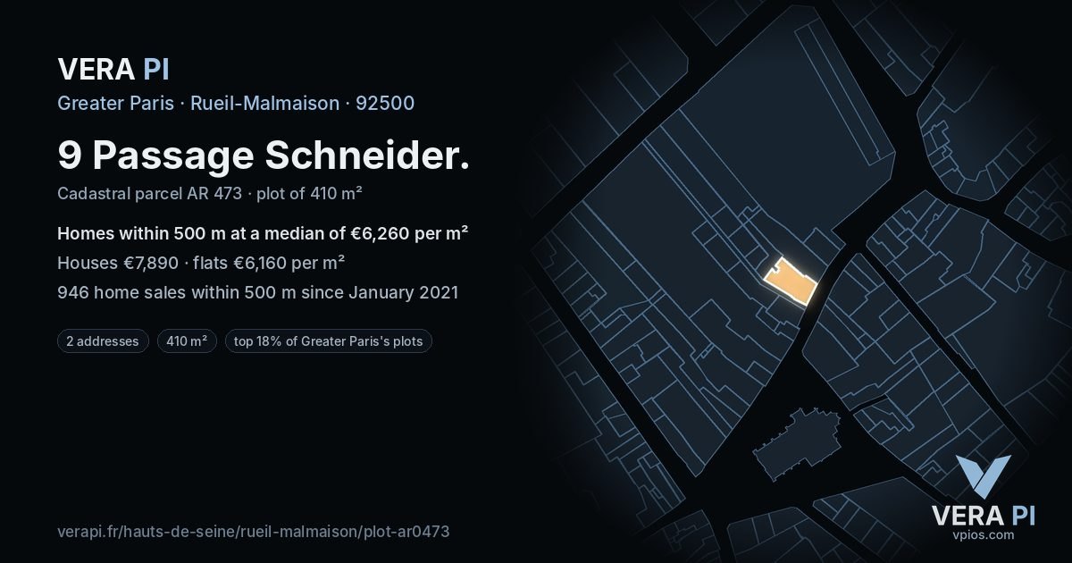 9 Passage Schneider, Rueil-Malmaison at night – the plot lit, the parcels around coloured by the prices near them