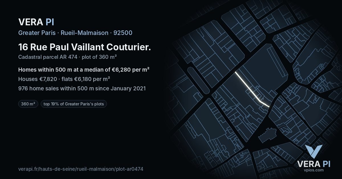 16 Rue Paul Vaillant Couturier, Rueil-Malmaison at night – the plot lit, the parcels around coloured by the prices near them