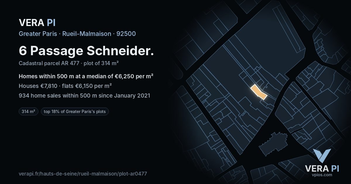 6 Passage Schneider, Rueil-Malmaison at night – the plot lit, the parcels around coloured by the prices near them