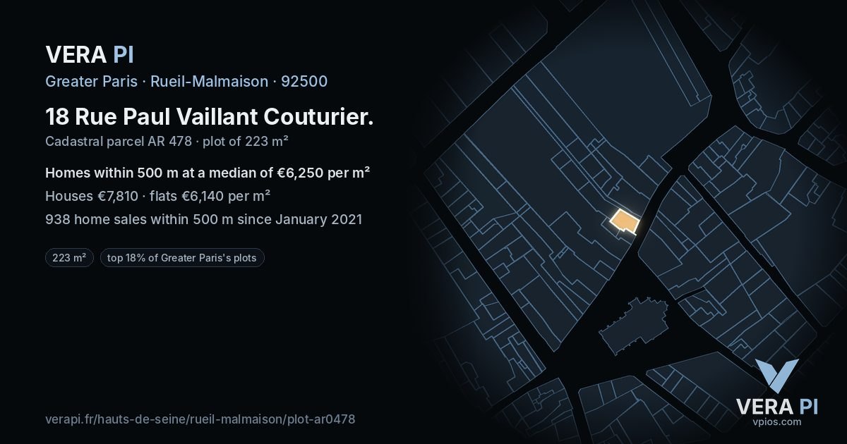 18 Rue Paul Vaillant Couturier, Rueil-Malmaison at night – the plot lit, the parcels around coloured by the prices near them