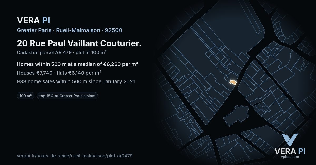 20 Rue Paul Vaillant Couturier, Rueil-Malmaison at night – the plot lit, the parcels around coloured by the prices near them
