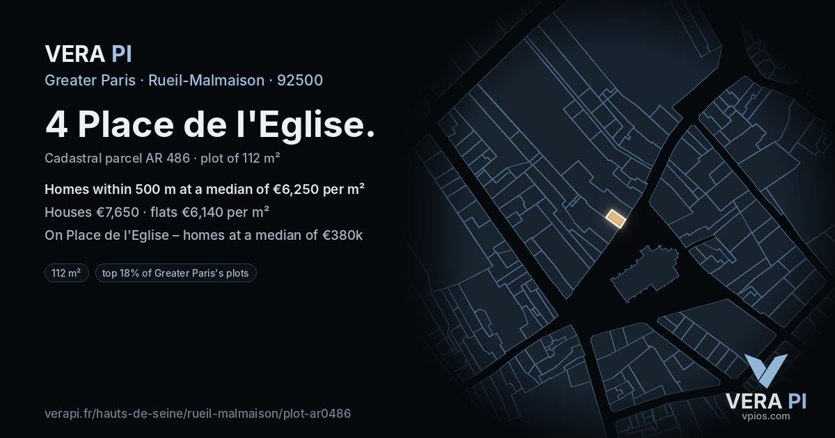 4 Place de l'Eglise, Rueil-Malmaison at night – the plot lit, the parcels around coloured by the prices near them