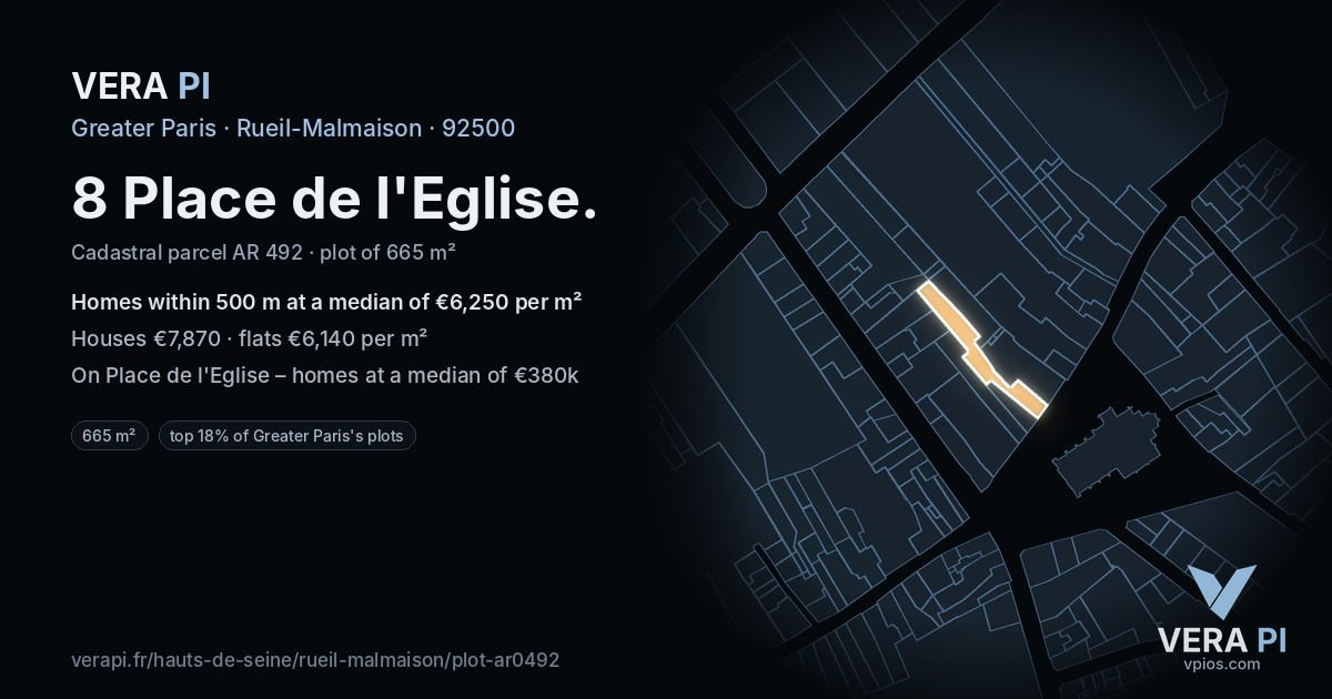 8 Place de l'Eglise, Rueil-Malmaison at night – the plot lit, the parcels around coloured by the prices near them