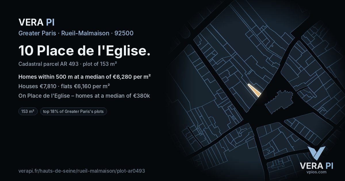10 Place de l'Eglise, Rueil-Malmaison at night – the plot lit, the parcels around coloured by the prices near them