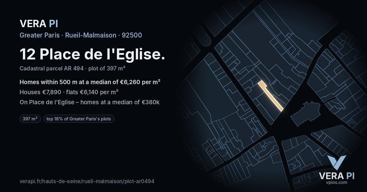 12 Place de l'Eglise, Rueil-Malmaison at night – the plot lit, the parcels around coloured by the prices near them