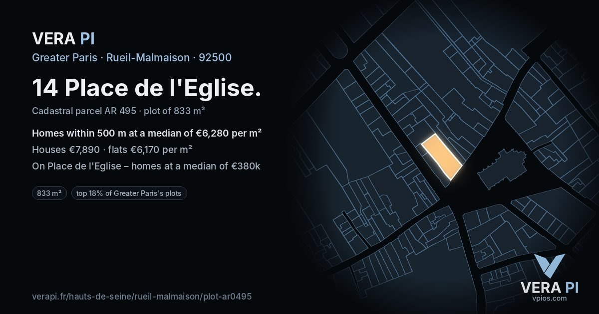 14 Place de l'Eglise, Rueil-Malmaison at night – the plot lit, the parcels around coloured by the prices near them