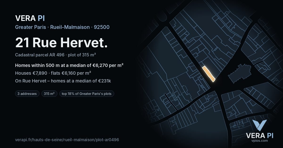21 Rue Hervet, Rueil-Malmaison at night – the plot lit, the parcels around coloured by the prices near them