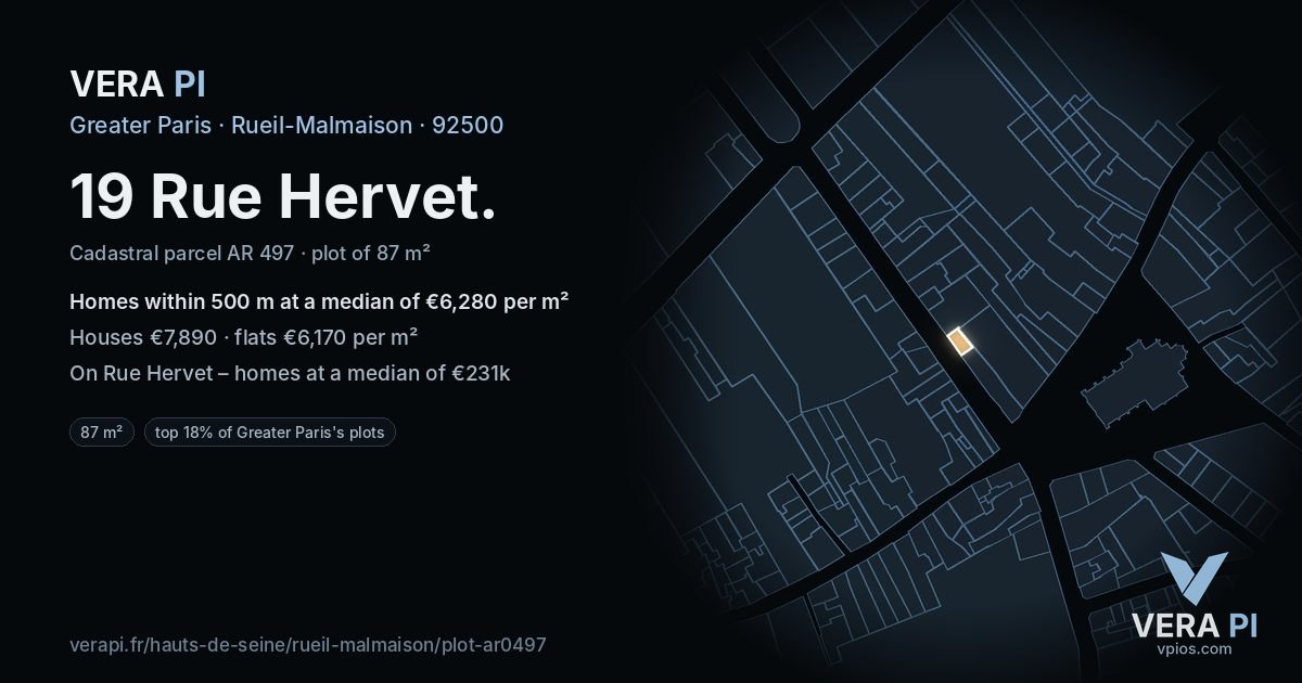 19 Rue Hervet, Rueil-Malmaison at night – the plot lit, the parcels around coloured by the prices near them