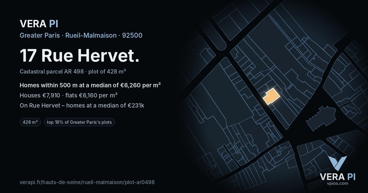17 Rue Hervet, Rueil-Malmaison at night – the plot lit, the parcels around coloured by the prices near them
