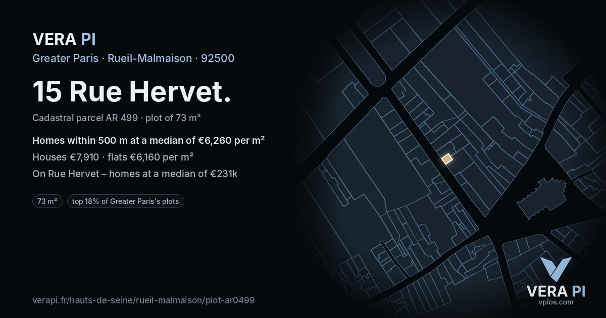 15 Rue Hervet, Rueil-Malmaison at night – the plot lit, the parcels around coloured by the prices near them