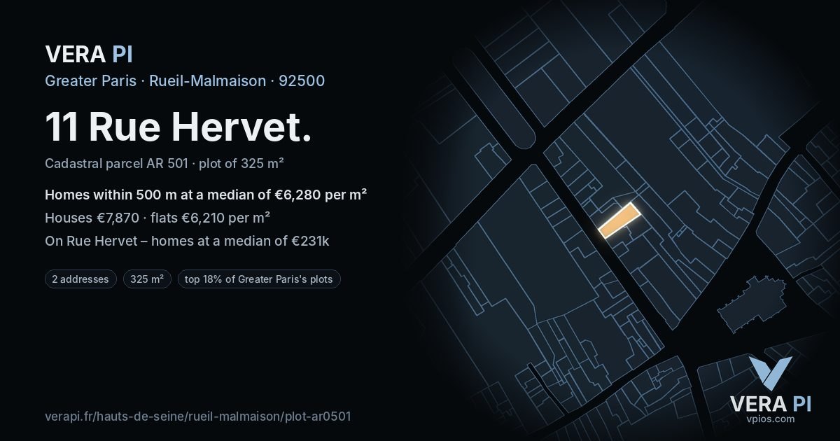 11 Rue Hervet, Rueil-Malmaison at night – the plot lit, the parcels around coloured by the prices near them