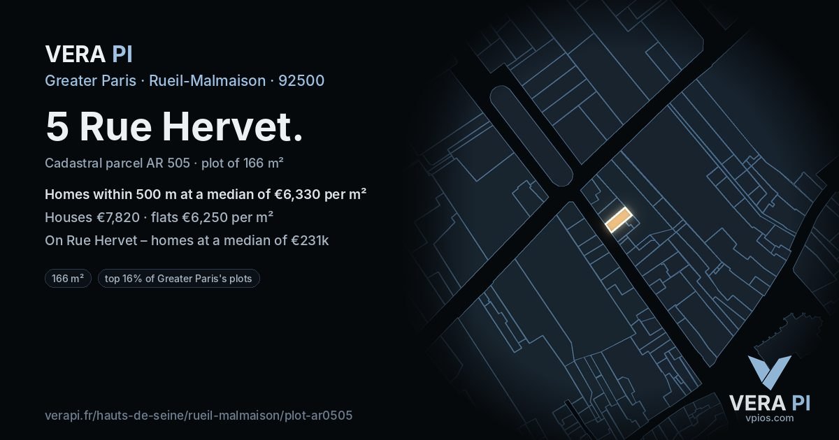 5 Rue Hervet, Rueil-Malmaison at night – the plot lit, the parcels around coloured by the prices near them